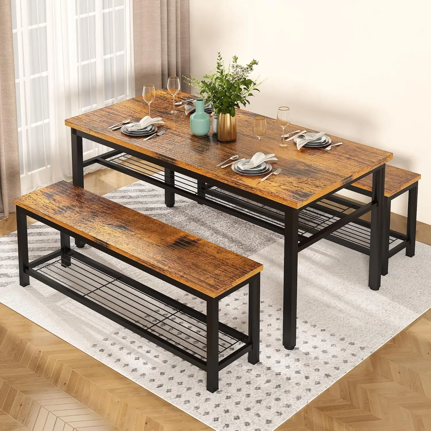 Lamerge 3-Piece Dining Table Set, Rustic Dining Table With Storage, Kitchen Table And Chairs Set For 4, Dining Table Set With 2