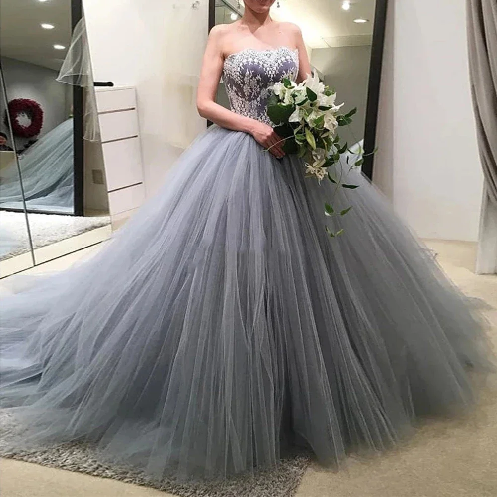 

Silver Grey Tulle Wedding Dresses with White Appliques Off The Shoulder Sweetheart Princess Bridal Gowns Vestido De Noiva
