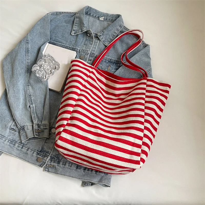 Red Striped Canvas Shoulder Bag Handbag Korean Style Travel Beach Bag Double-sided Shopping Tote Bags Girl Underarm Bag