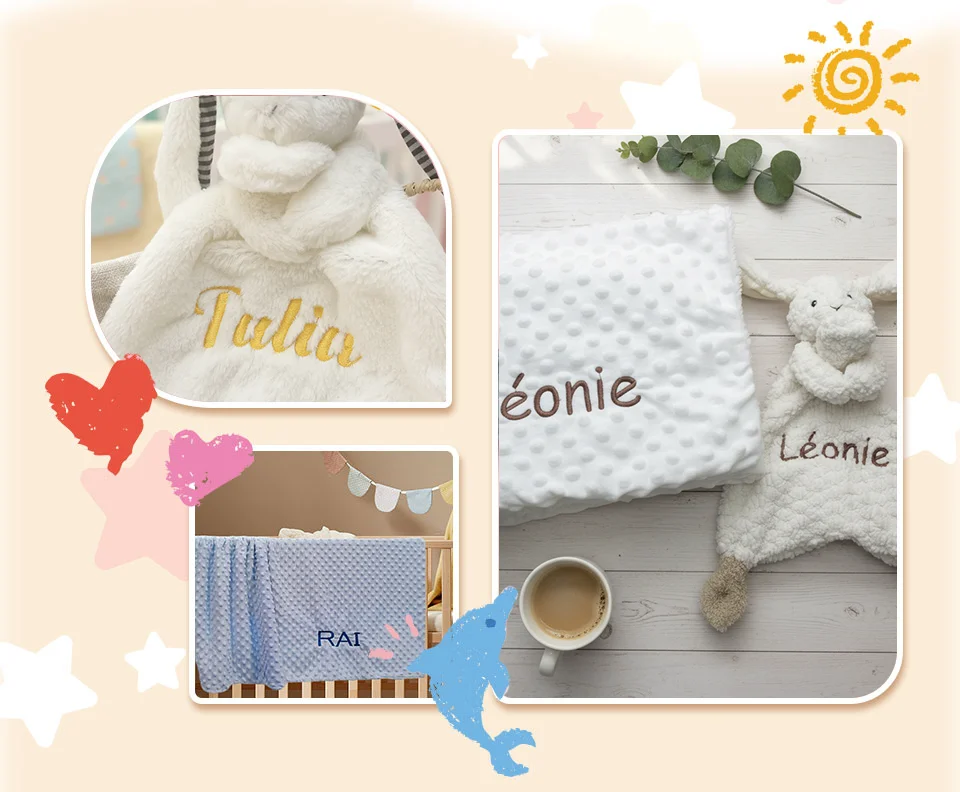 Personalisierte Decke für Neugeborene mit Namen, individuelles Kinderwagen-Schlafpuppen-Kaninchen-Schmuset, Geschenkset für Kleinkinder – Detail 5