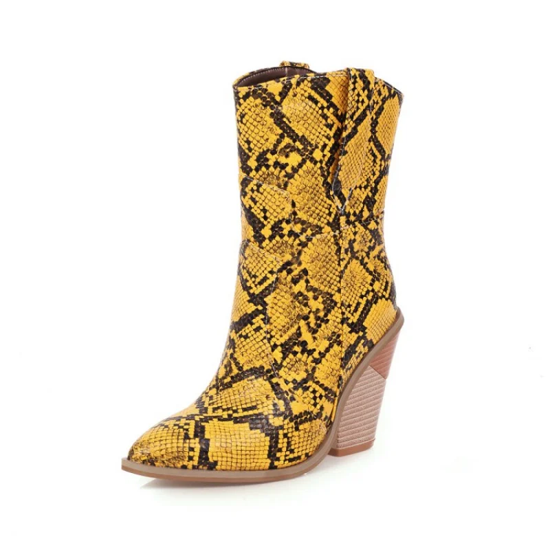 Thick Heel  womens shoes with design Big size  Pikolinos Boots  Snake skin pattern  Fashion trend  Pointed toe  Comfortable