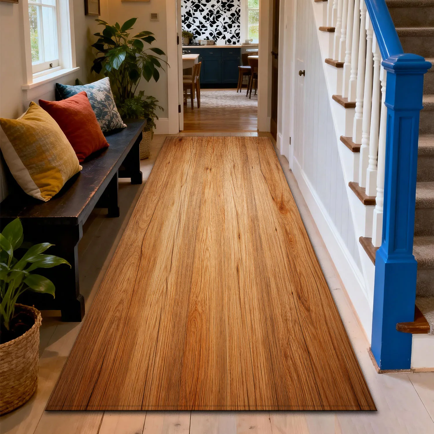Warm Brown Wood Texture Runner Rug, 2D Print Flannel Floor Mat, Non-Slip Washable Soft Carpet for Kitchen Hallway Bedside