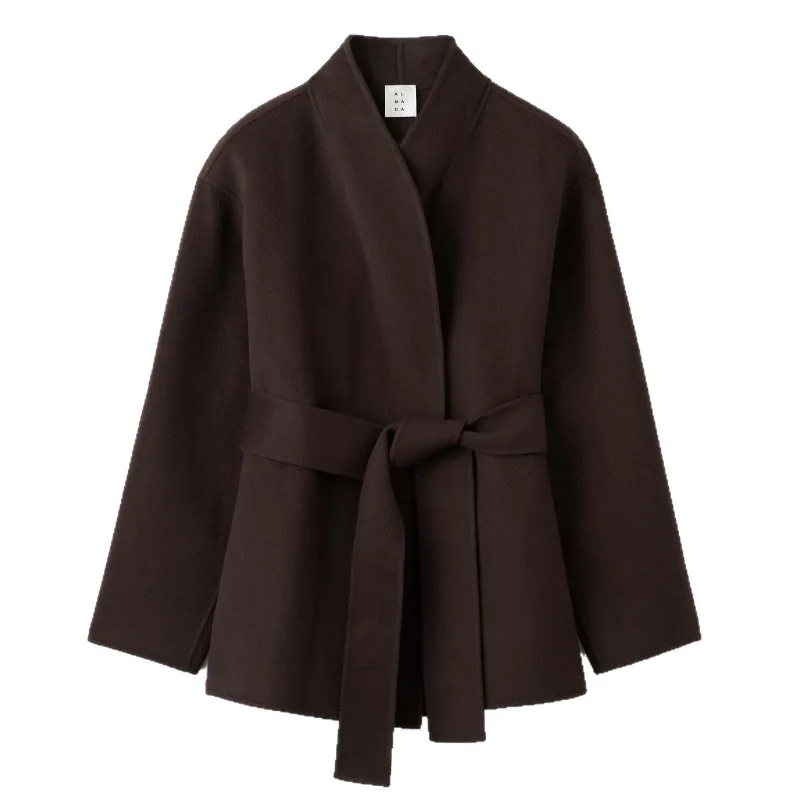 2025 Spring and Autumn Temperament Dark Brown Short Loose Lace-up Coat Jacket Commuter Style