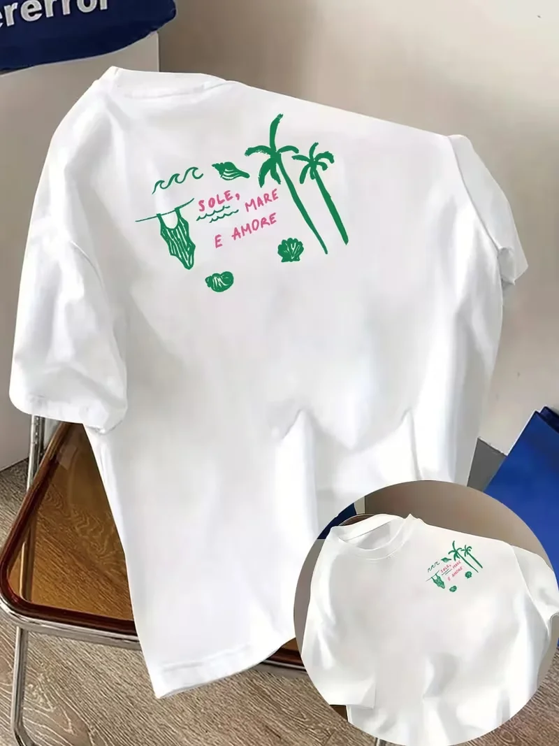 Tropical Island Beach Graphic T-shirt Men Women Loose Casual Short Sleeve Summer Daily Streetwear Commuting Trendy Fashion Wear