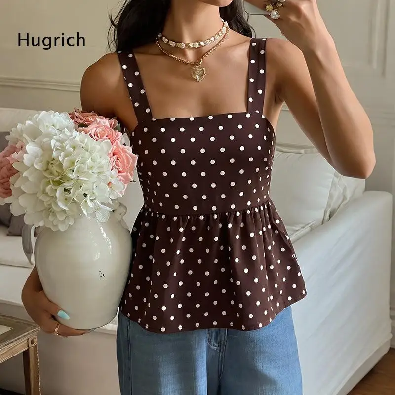 Women's Brown Polka Dot Square Neck Peplum Tank Top Sleeveless Back Tie Detail Summer Casual Blouse
