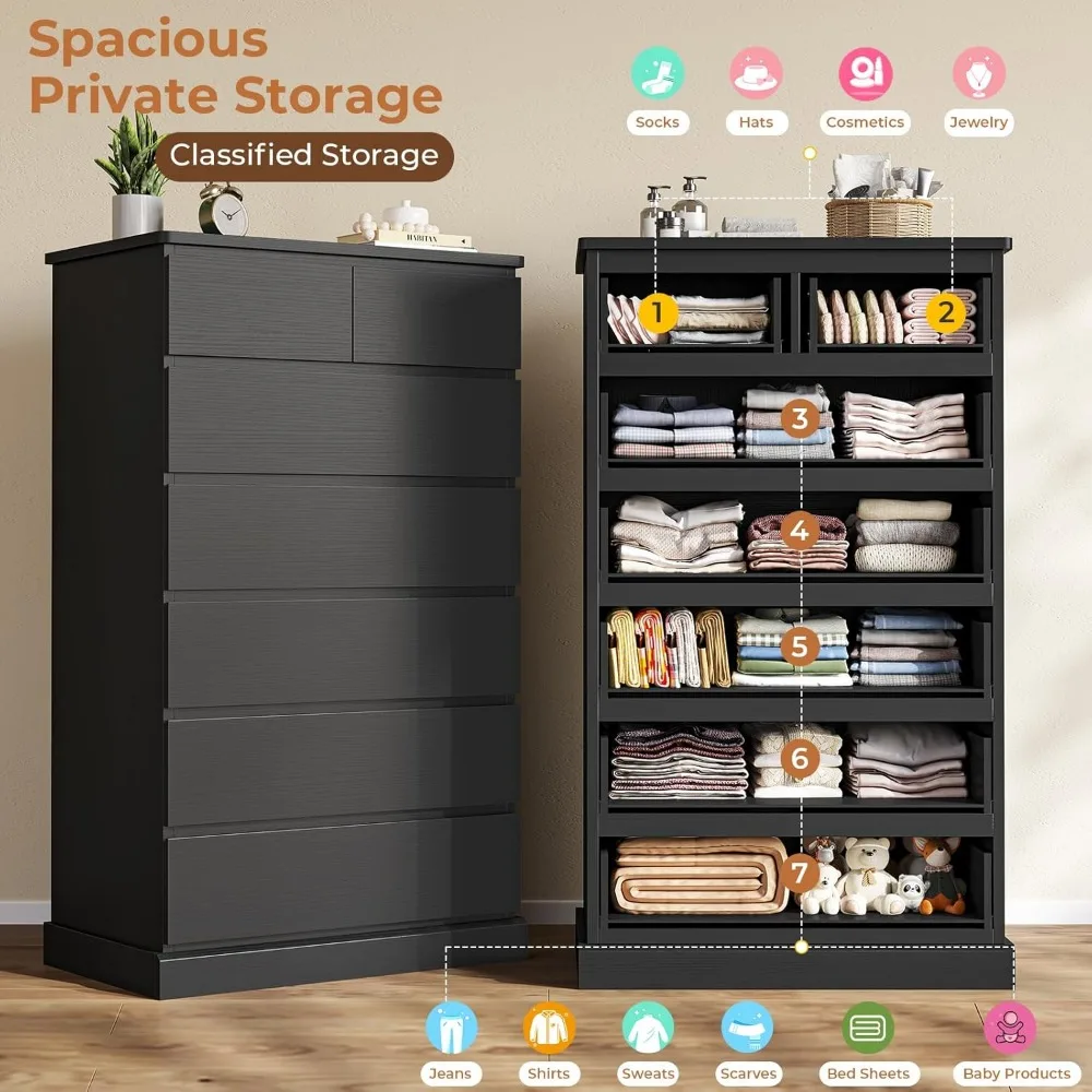 Modern 7-Drawer Tall Dresser for Bedroom, 51.8 Height, Wood Closet Organizer, Sleek Design