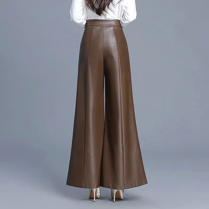 

plus Size Slimming Wide Leg PU Leather Pants Women Autumn Synthetic Leather Jaet Faionable Ladies Premium Quali Clothing