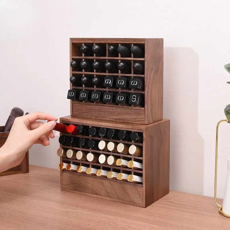 Black walnut high-end cosmetics makeup lipstick box ins long tube lip glaze lipstick storage rack large