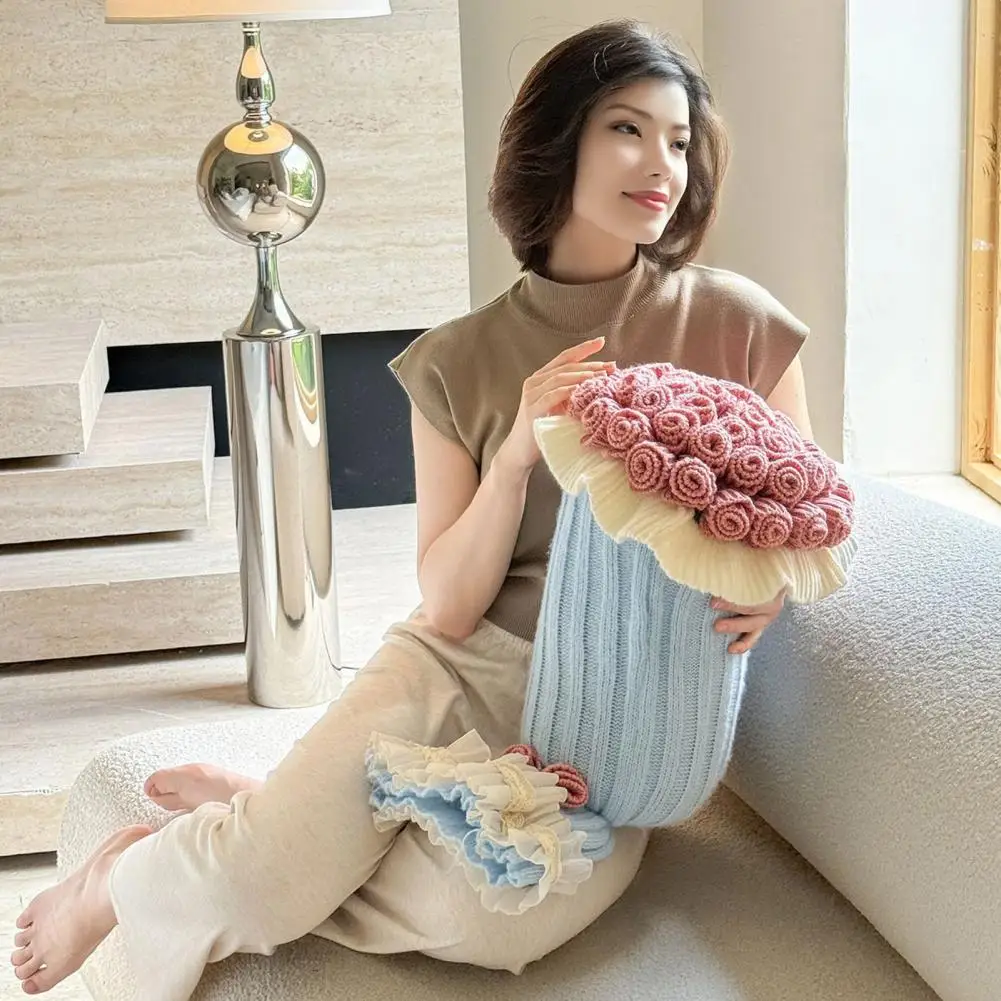 Rose Bouquet Pillow 2-in-1 Decorative Knitted Throw Pillow Blanket Machine Washable Bouquet Cushion for Couch Sofa Bed