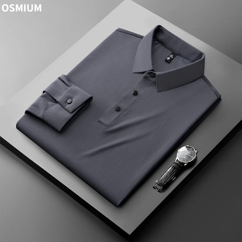 Men High Quality Seamless Mercerized Non-iron Polo Shirt Mens Long Sleeve Brown Grey Casual Business Formal Wear Plus Size M-4XL