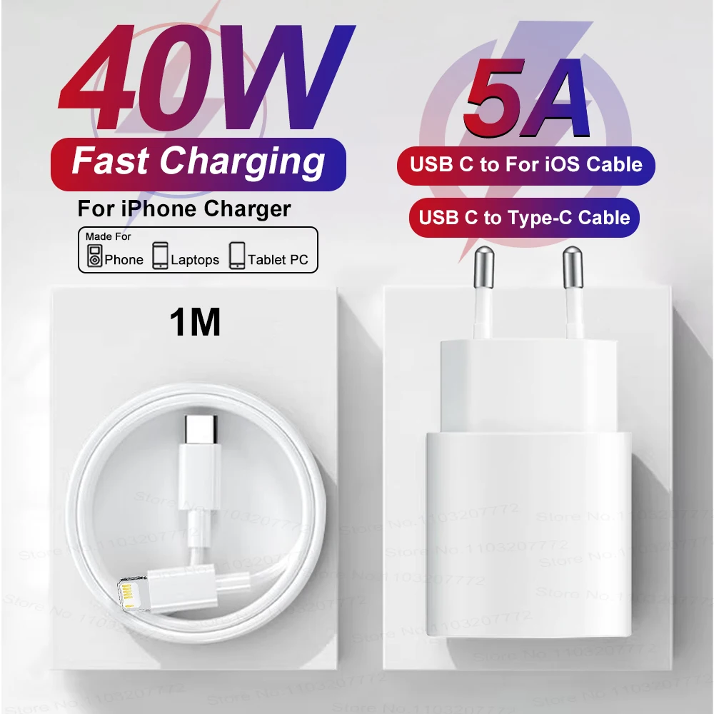 

For Apple 40W PD Charger For iPhone 11 12 13 14 15 16 17 Pro Max 17 Air 8 7 Plus Fast Charging Type C Data Cable Phone Adapter