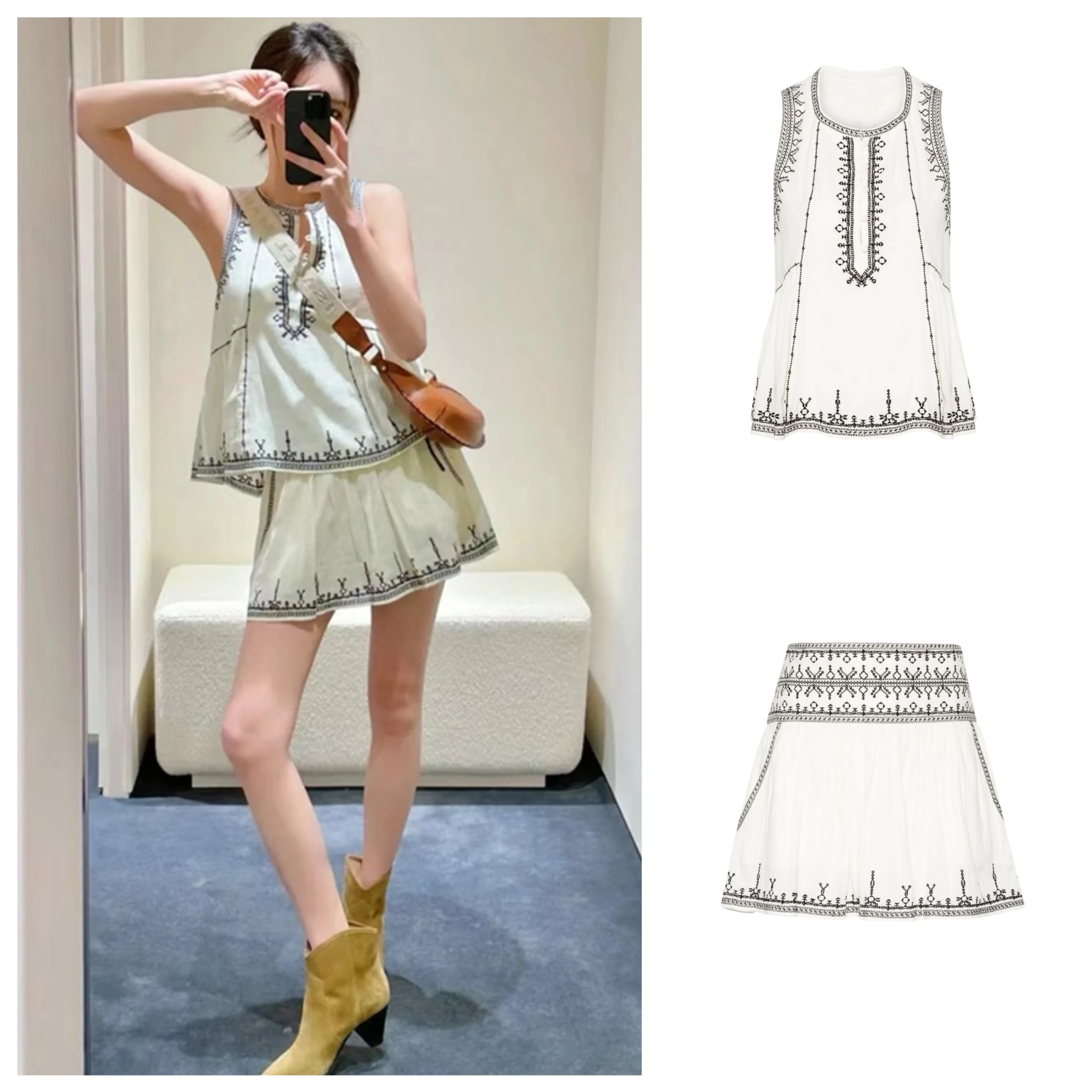 

American Style Embroidered Cotton High Waist Set Spring Ethnic Style Vest Skirt Women's Fashion Straight Cut Short Length