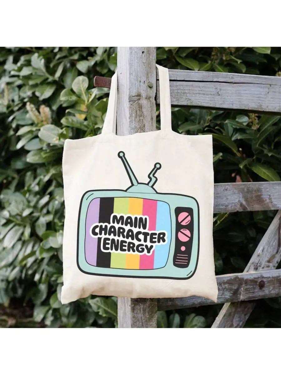 

Retro TV Print Tote Bag With Main Character Energy Text Beige Canvas Shoulder Bag For Women