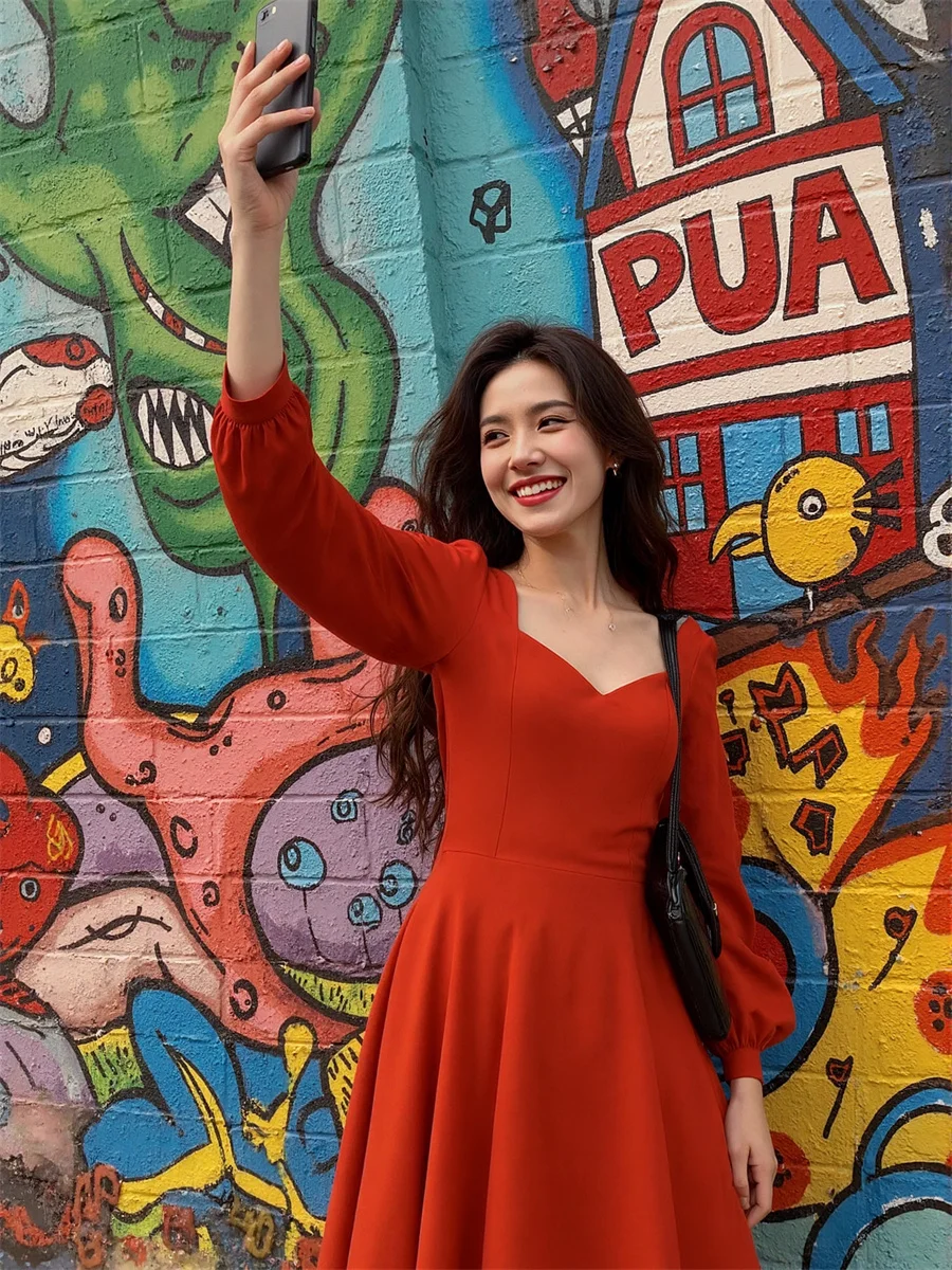 Women'S Autumn Dress Korean Style Long Sleeve Square Collar Side-Slit High-Slit Splited Splitting Cut-Out Cutout Hollow-Out