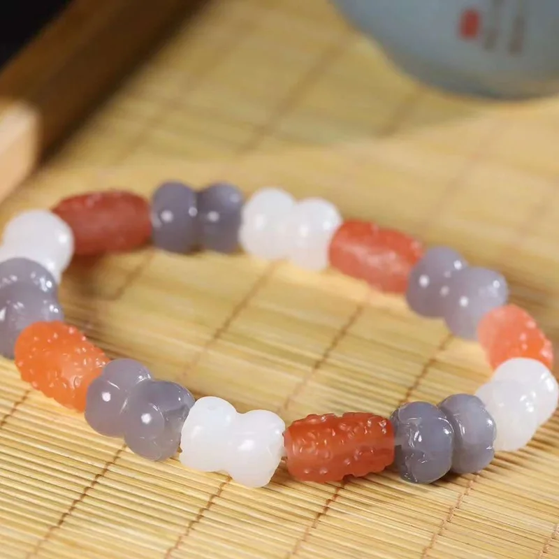 Natural Hetian Supply Chain Qinghai Fat Grade White Jade Purple Double Plum Blossom Bracelet