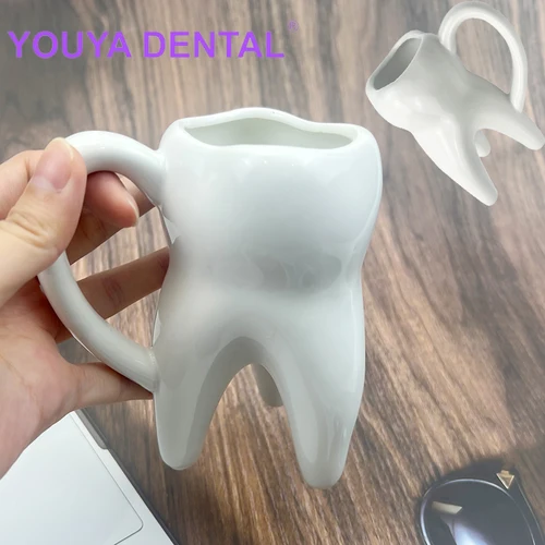 Taza de agua y café con forma de diente de cerámica, taza para beber Dental antideslizante con asa, regalos creativos de decoración de escritorio para clínica de dentista, 1 Uds.
