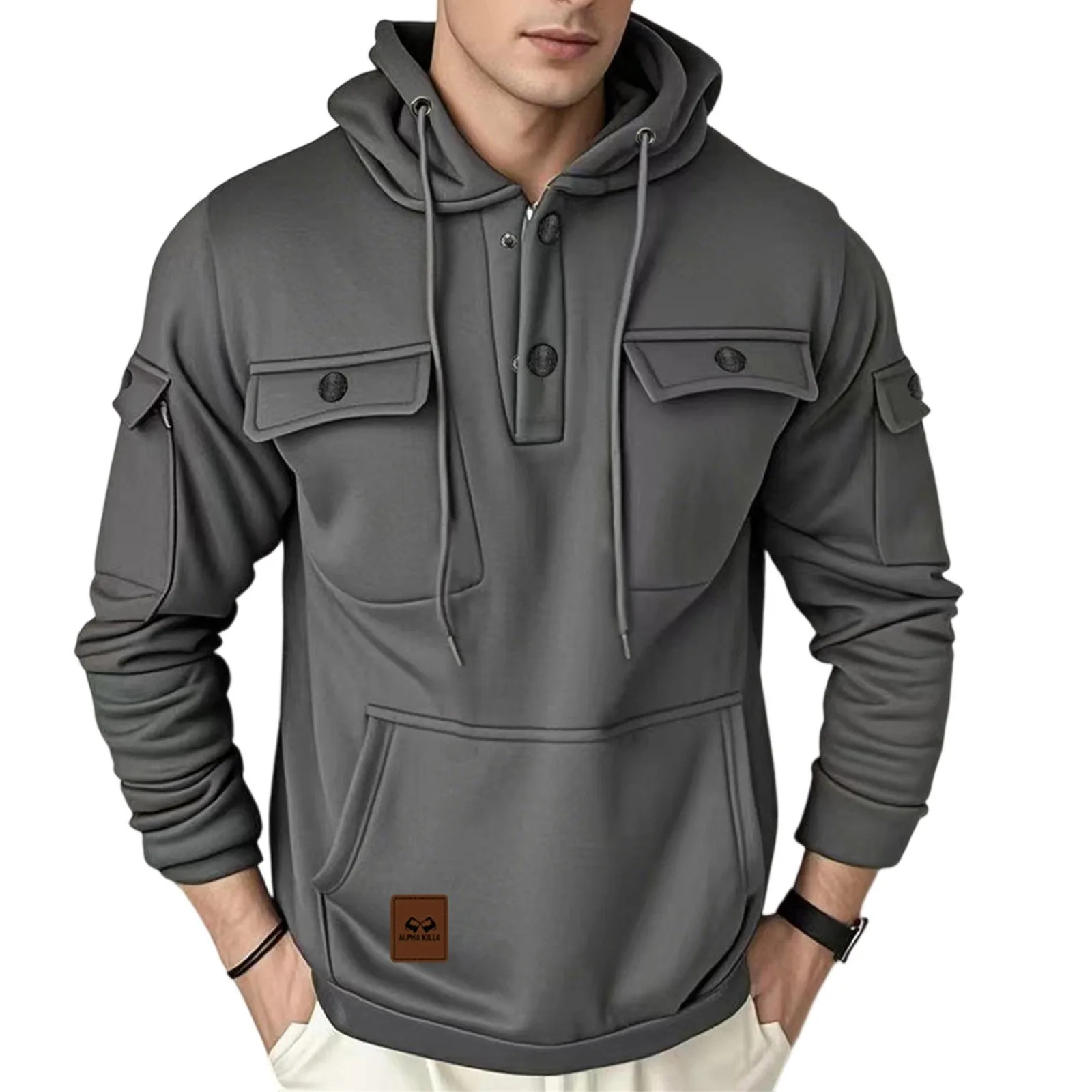 خريف 2025 قميص غير رسمي بقلنسوة وسحاب متعدد الجيوب للرجال والنساء مقاس كبير بلوفر فضفاض على الموضة