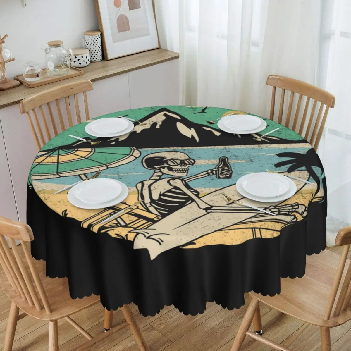 

Summer Beach Surfer Skull Round Tablecloths 60 Inch Surfing Table Covers for Parties Table Cloth