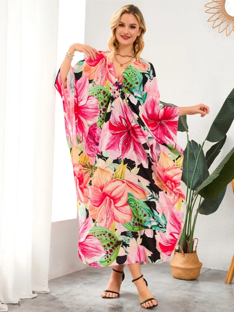 

Летние пляжные накидки для женщин: платья-туники с рукавами «летучая мышь» и цветочным принтом, новинка 2026 года, макси-платья для отпуска на пляже