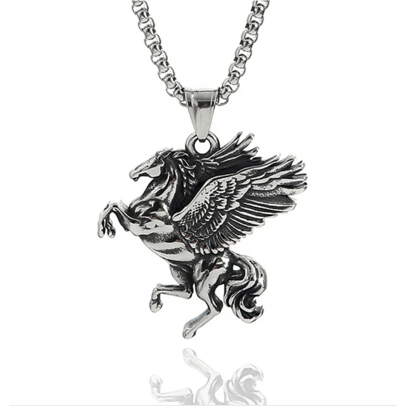 Retro-style Greek myth titanium steel pegasus unicorn necklace winged tianma hipster men and women pendant necklace