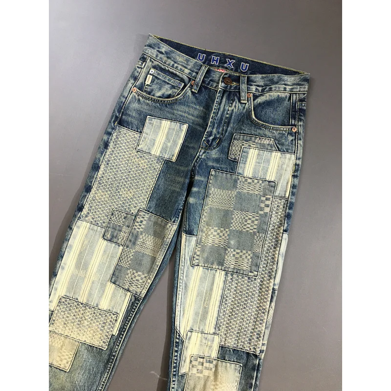 Męskie jeansy high-end, łączone, ciężkie, retro, o prostym kroju, modne, z charakterem, długie spodnie w stylu retro.