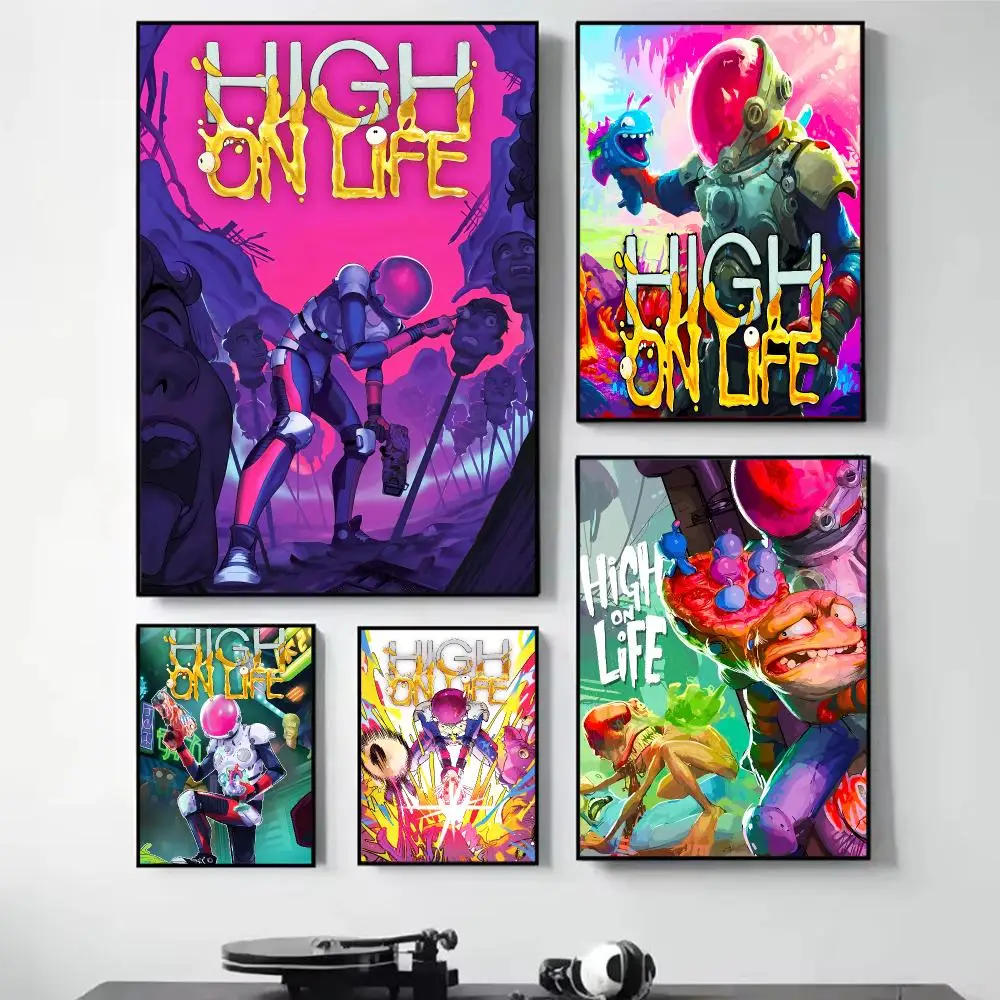 H-High On Life Game Painting Calligraphy Self Adhesive Wall Art Waterproof Print For Bedroom Hallway Home Decor