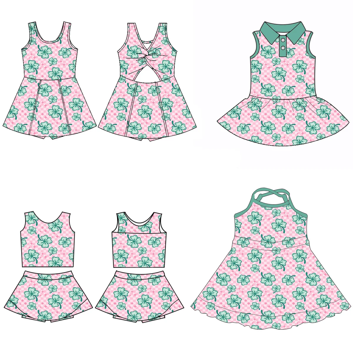 Girls pink plaid four-leaf clover print St. Parker's Day boutique children's set sleeveless shorts girl set baby suspender dress