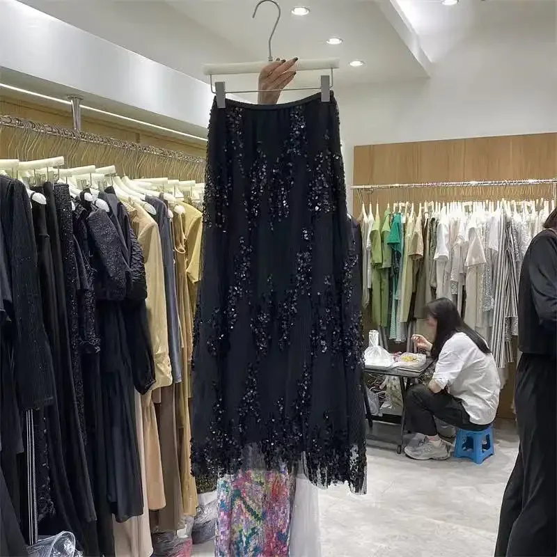 Fashionable and Sparkling Half Length Skirt for Women's Summer New Style High End Loose High Waisted Mesh Skirt