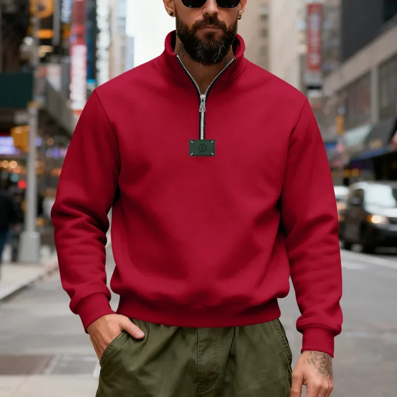 Cross-border Winter Heavy Velvet Logo Casual Solid Color Simple Outdoor Sports Loose Stand-up Collar Sweater Men