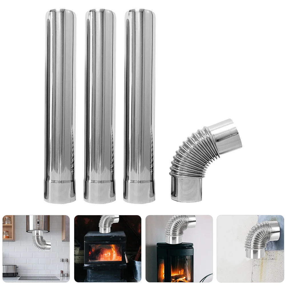 4pcs Stainless Steel Exhaust Pipe 90° Elbow Adapter 500mm Straight Smoke Chimney Duct Tube Vent Suitable Various