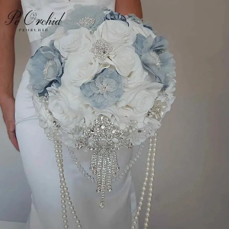 PEORCHID Elegant Artificial Blue White Bridal Bouquet Wedding Bride Silver Cascading Pearls Brooch Bouquet Jewel Flowers
