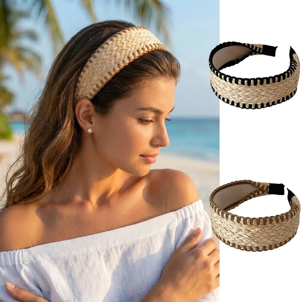

Wide Edge Straw Weave Headband Woven Vacation Style Raffia Grass Hairband Bohemia Korean Style Bohemian Style Hair Hoop Women