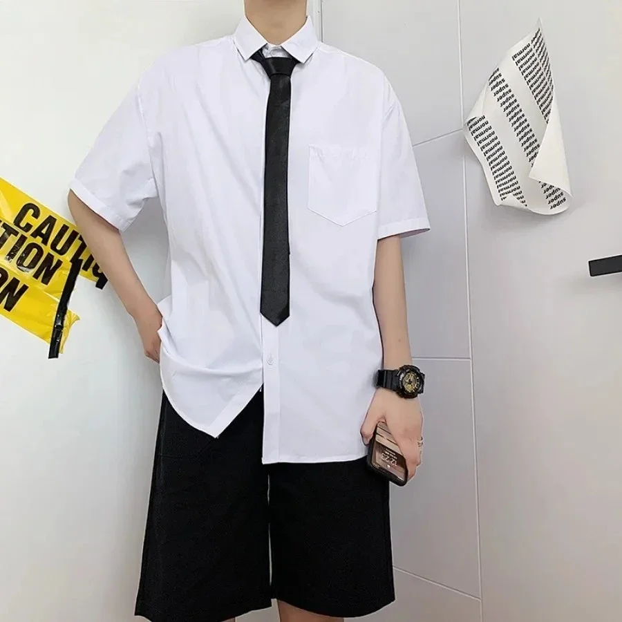Summer Casual Fashion White Shirts for Men Korean Style Loose Short Sleeve T-shirts Classic Daily Student Uniform Workwear Male