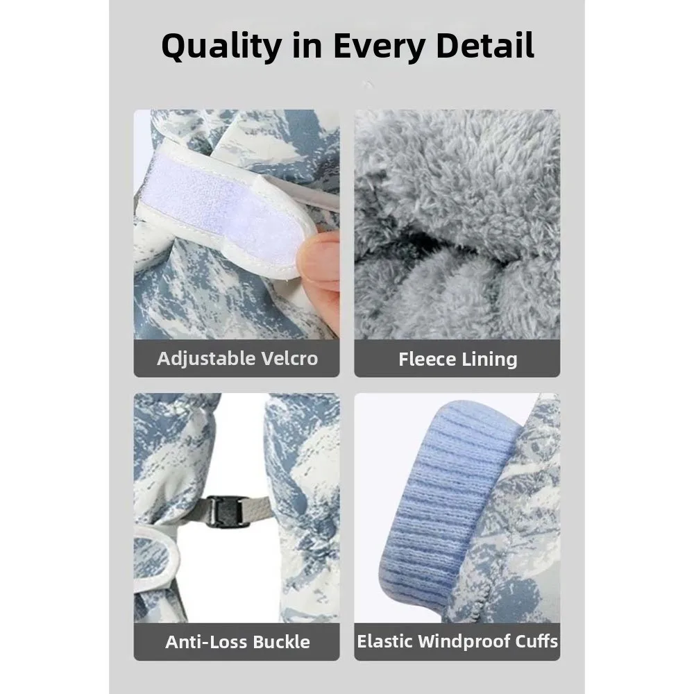 Fleece Lined Tie Dye Gloves Thick Warm Windproof Ski Mittens Anti Slip Adjustable Strap Touchscreen Handwear Skiing