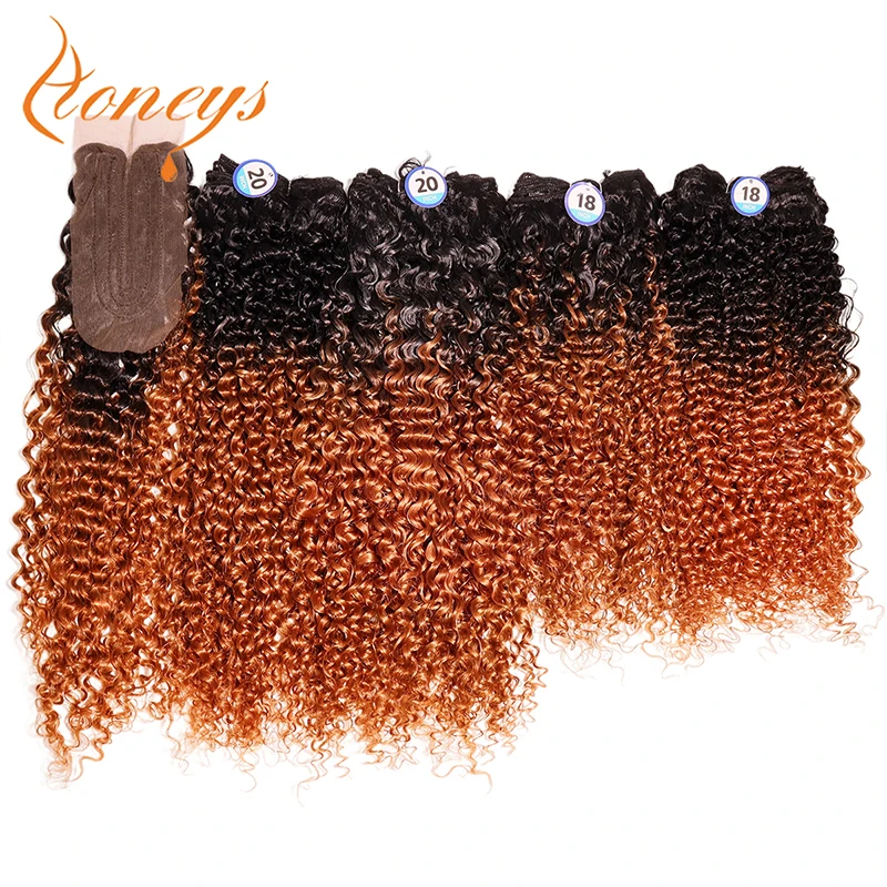 Honeys sintético kinky encaracolado pacotes de cabelo com fecho para as mulheres 4 pacotes jerry extensões de cabelo de fibra encaracolado com fechamento de renda