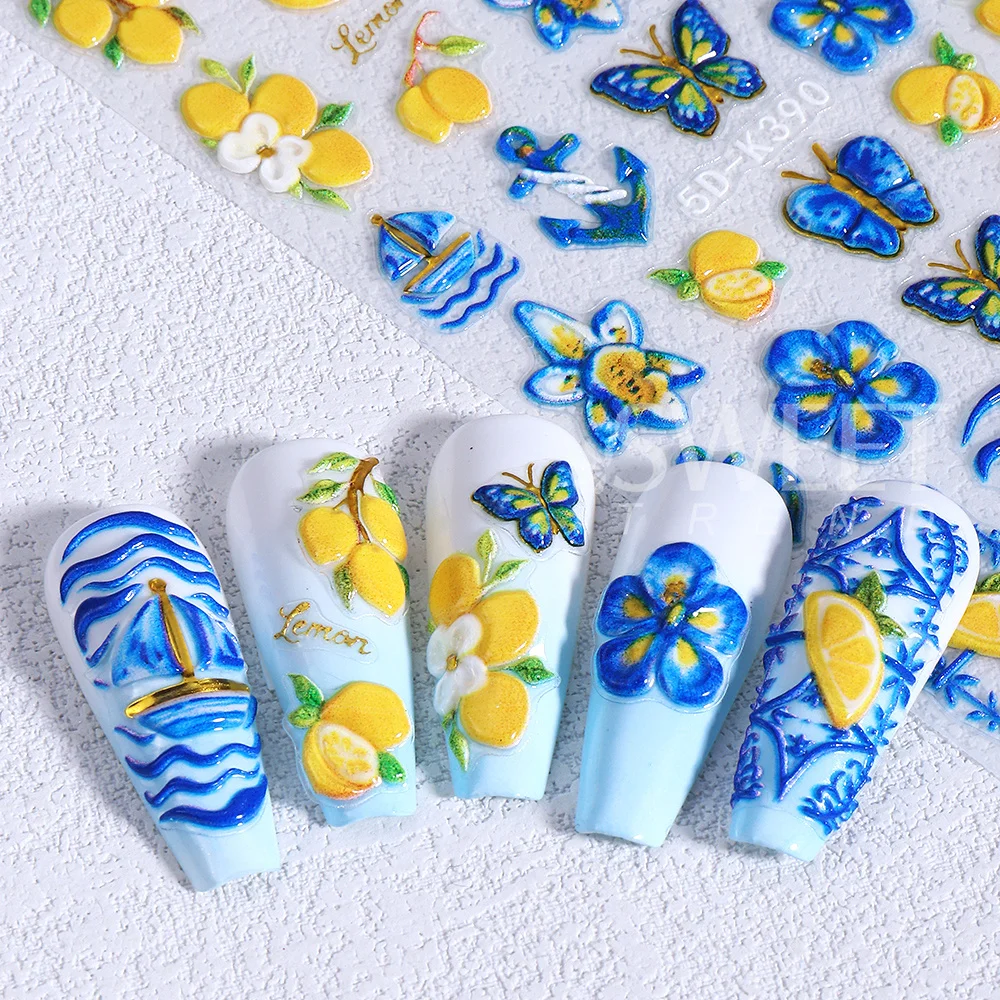 SWEET TREND-5D Embossed Lemon Fruit Butterfly Nail Stickers Self-Adhesive Blueberry Bow Flower Nail Decals Manicure Decorations