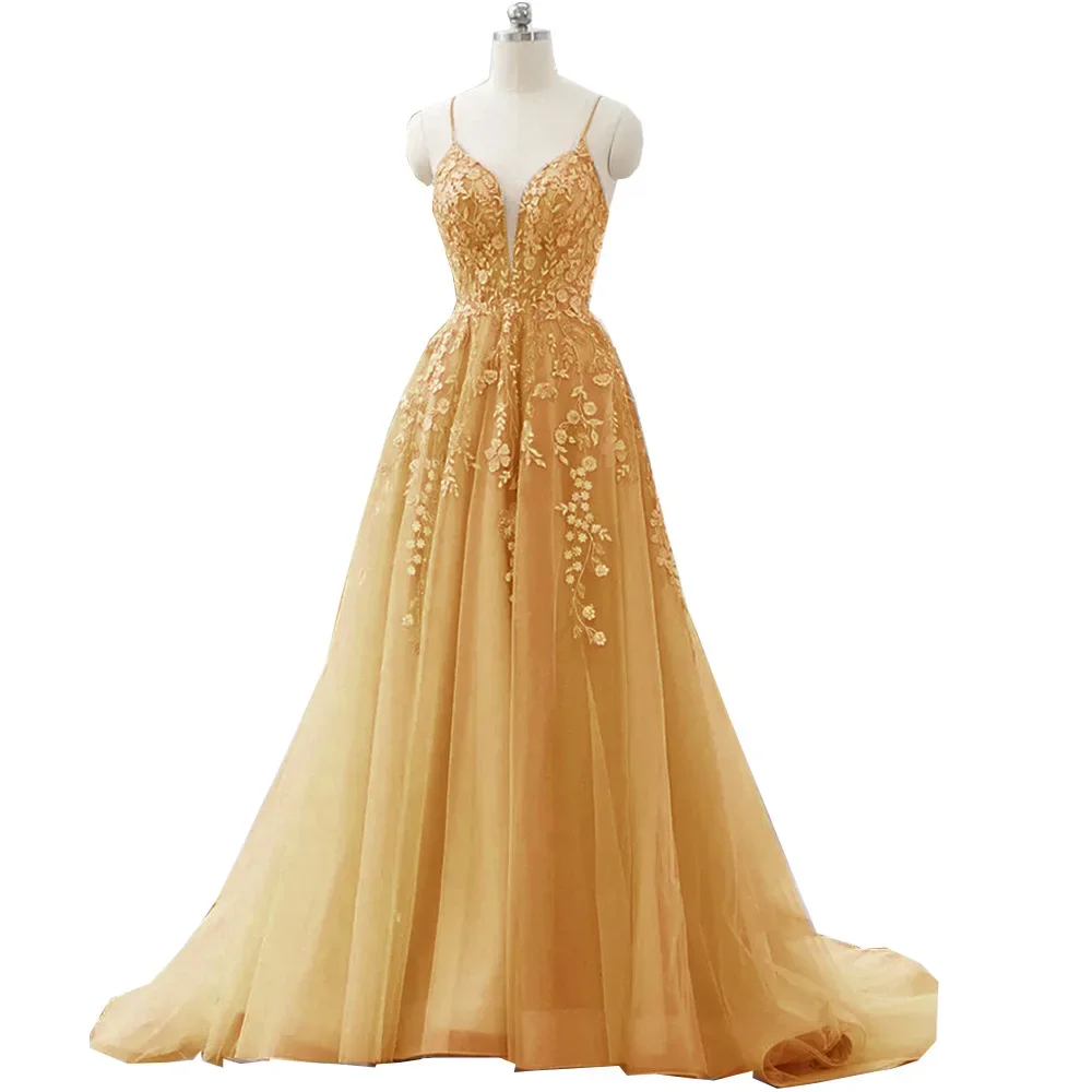 Custom Gold Sexy Sweet Heart Strap Tulle Applique Beaded Evening Dresses Long Luxury Robes Bal De Promo Real BOHO Wedding Dress