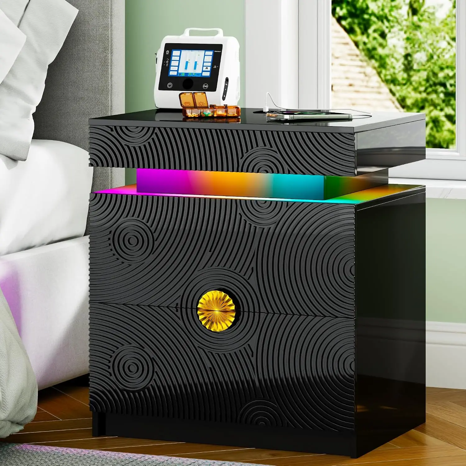 RGB Nightstand with Lock Drawer, Charging Station & Motion Sensor, Black, Customized
