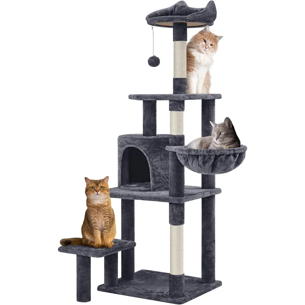 57in Multi-Level Cat Tree Tower with Extended Platform, Padded Perch, Scratching Posts & Ball for Large Cats