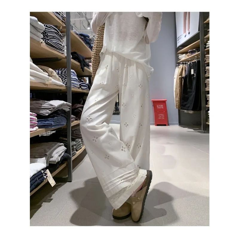 2026 Summer New Women Embroidered Hollowed-out Pants Japanese Korean Fashion Elastic Waist White Wide Leg Casual Trousers