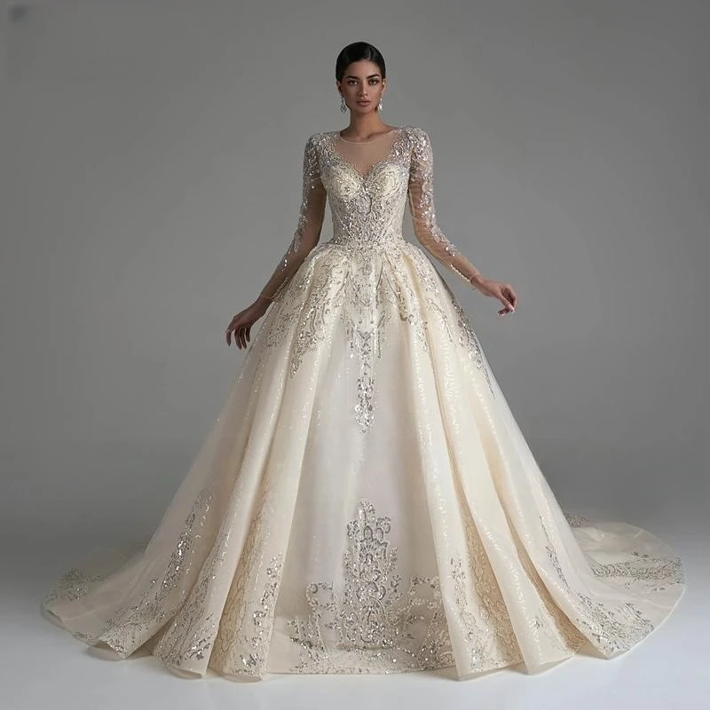 New Elegant Scoop Neck Long Sleeve Champagne Ball Gown Wedding Dress 2023 Luxury Beaded Appliques Sparkly Princess Bridal Gown