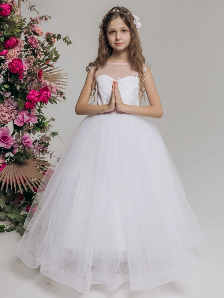 White Flower Girl Dress Tulle Puffy Appliques Sleeveless For Wedding Party Birthday First Communion Gowns