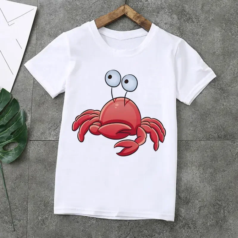 Summer Kids Top Fashion T-shirt Funny Crab Girl Cute Octopus T-shirt Boys Design Print Round-neck White Simple T-shirt Kids