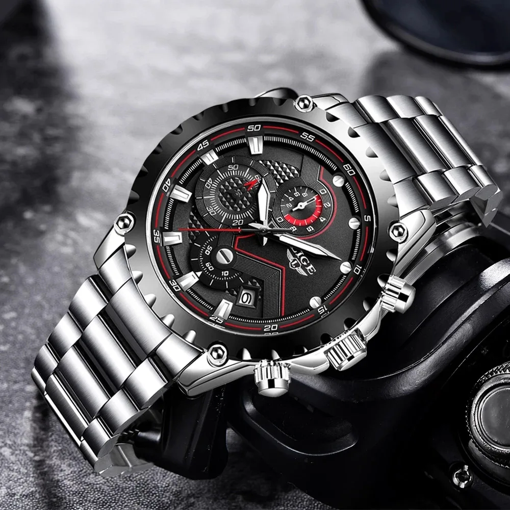 LIGE Fashion Luxury Man Watch Brand Business Stainless Steel Band Waterproof Quartz Watches for Mens Military Casual Chronograph