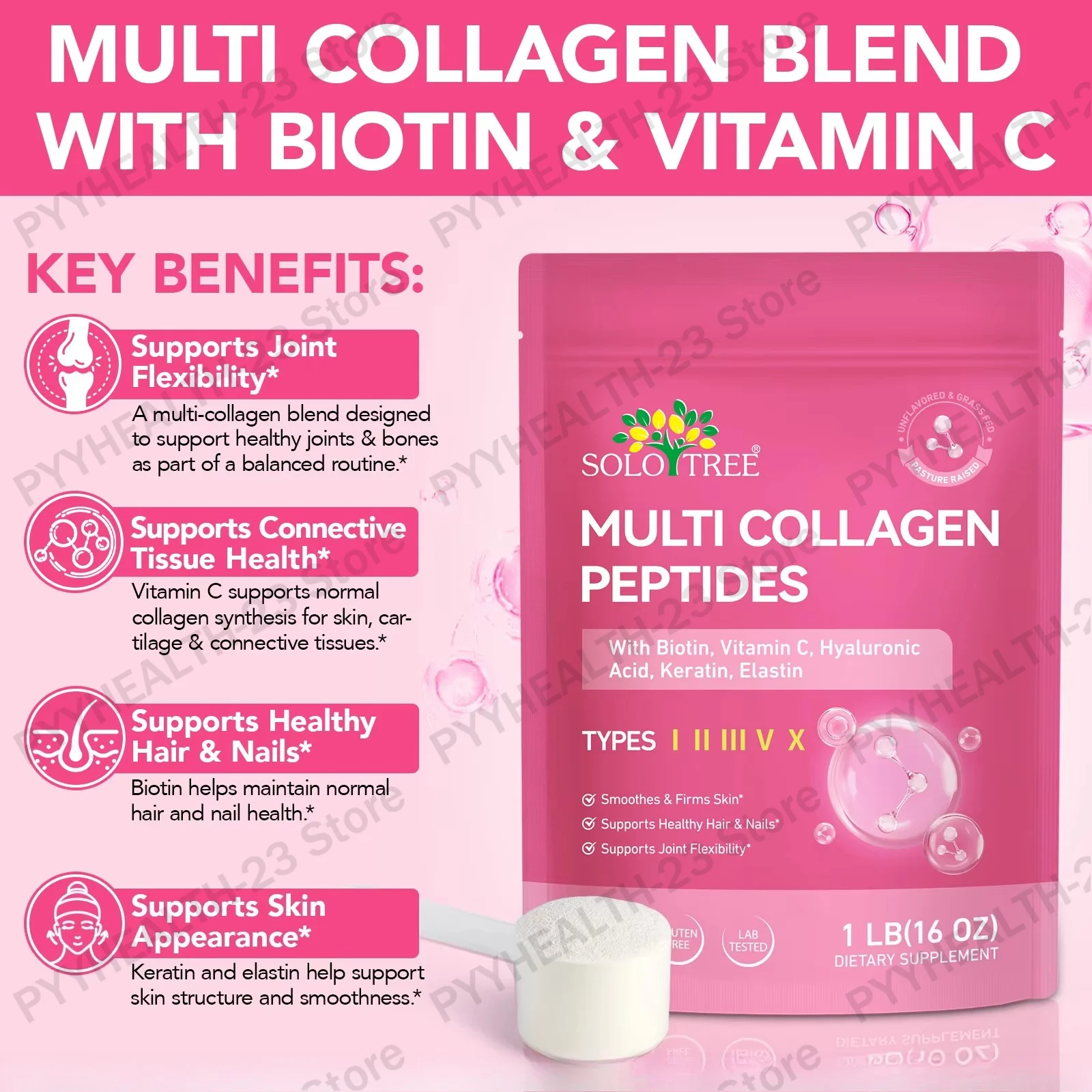 SOLOTREE Multi Collagen Peptides Powder Supports Joint Flexibility and Connective Tissue Health with Vitamin C - 41 Servings