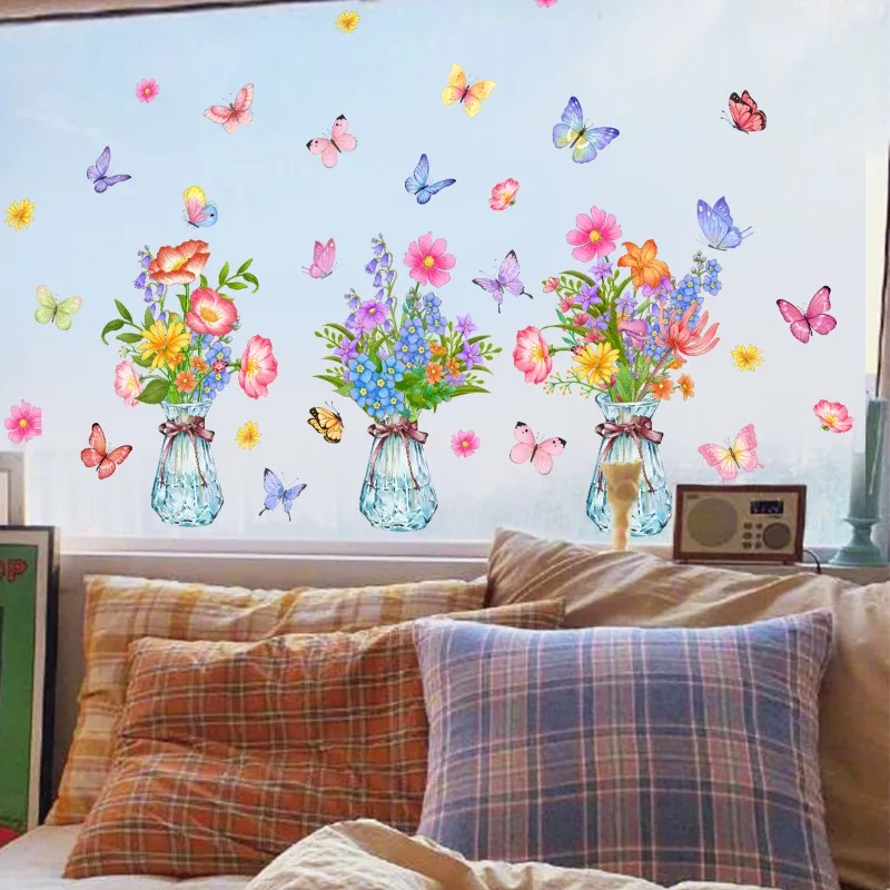 3pcs Plant Flower Vase Wall Sticker Double-sided Visual Glass Window Decoration Static Sticker Window Glass Sticker