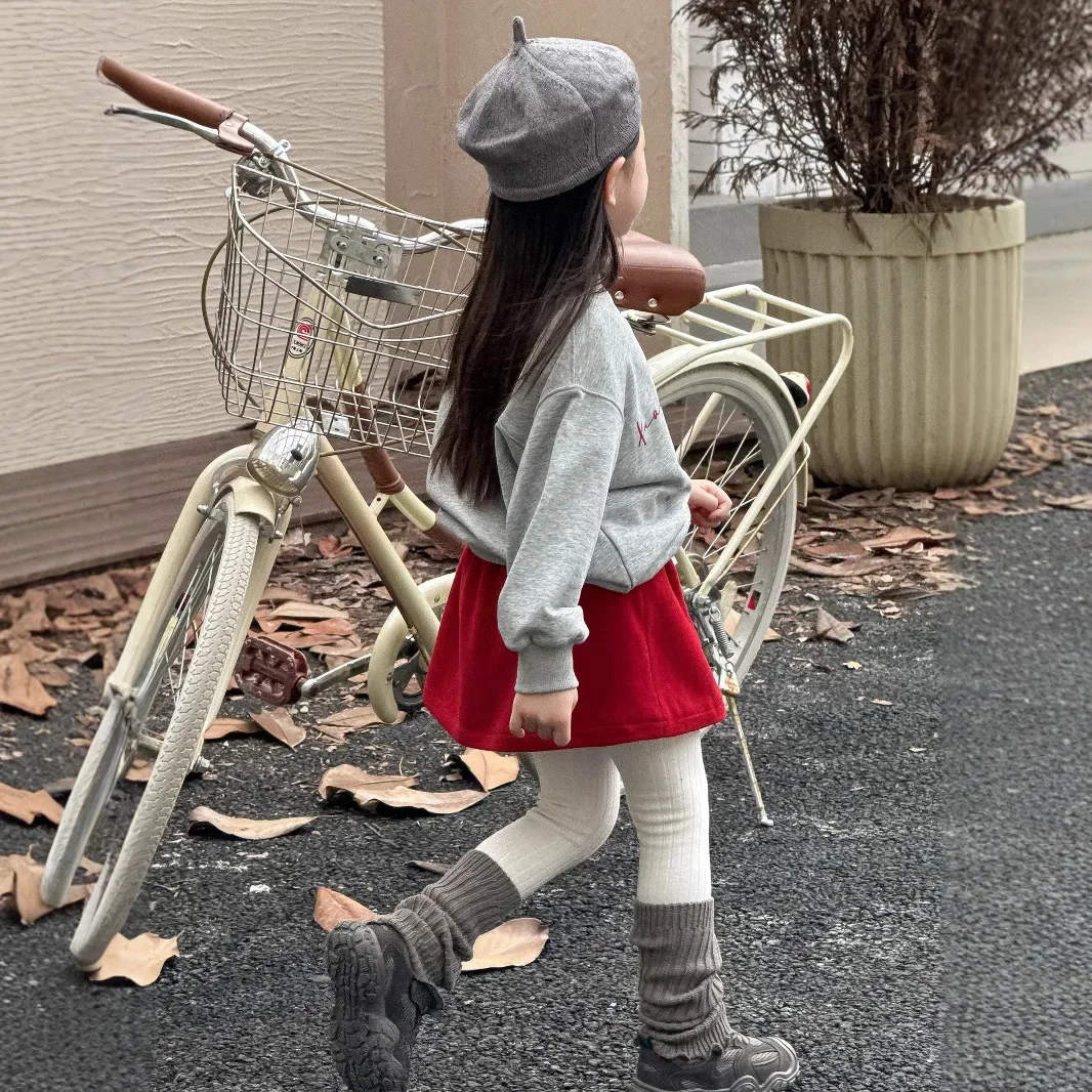 Girls Skirts 2024 Winter New Childrens Clothes Girls Baby Fashionable Red Knitted Fleece Skirt Casual Simple and Lovely