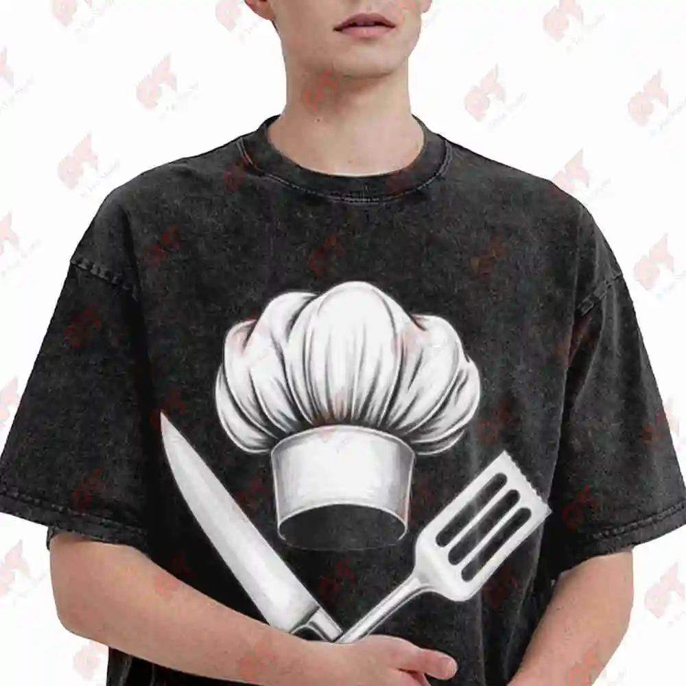Professional Chef Hat Kitchen Utensils Knife Spoon Fork Whisk Print Vintage Washed Tee Pure Cotton T-Shirt