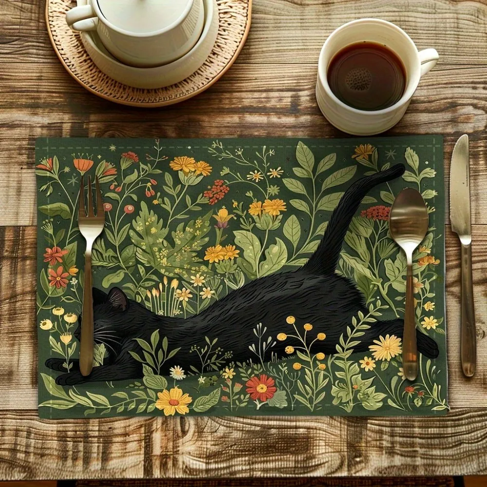 

VIKAMA Набор из 4 предметов: коврики для стола с цветочным и черным котом, подходят для журнальных столиков в ресторане, домашних свадеб и вечеринок