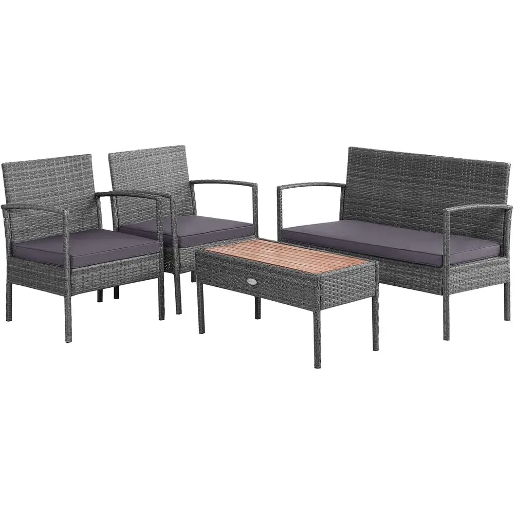 4 Pieces Rattan Patio Contion Set, PatioOutdoor Wicker Soa with Seat Cushions, Heavy-Duty Steel e, Acacia Wood Tabletop, Outdoor
